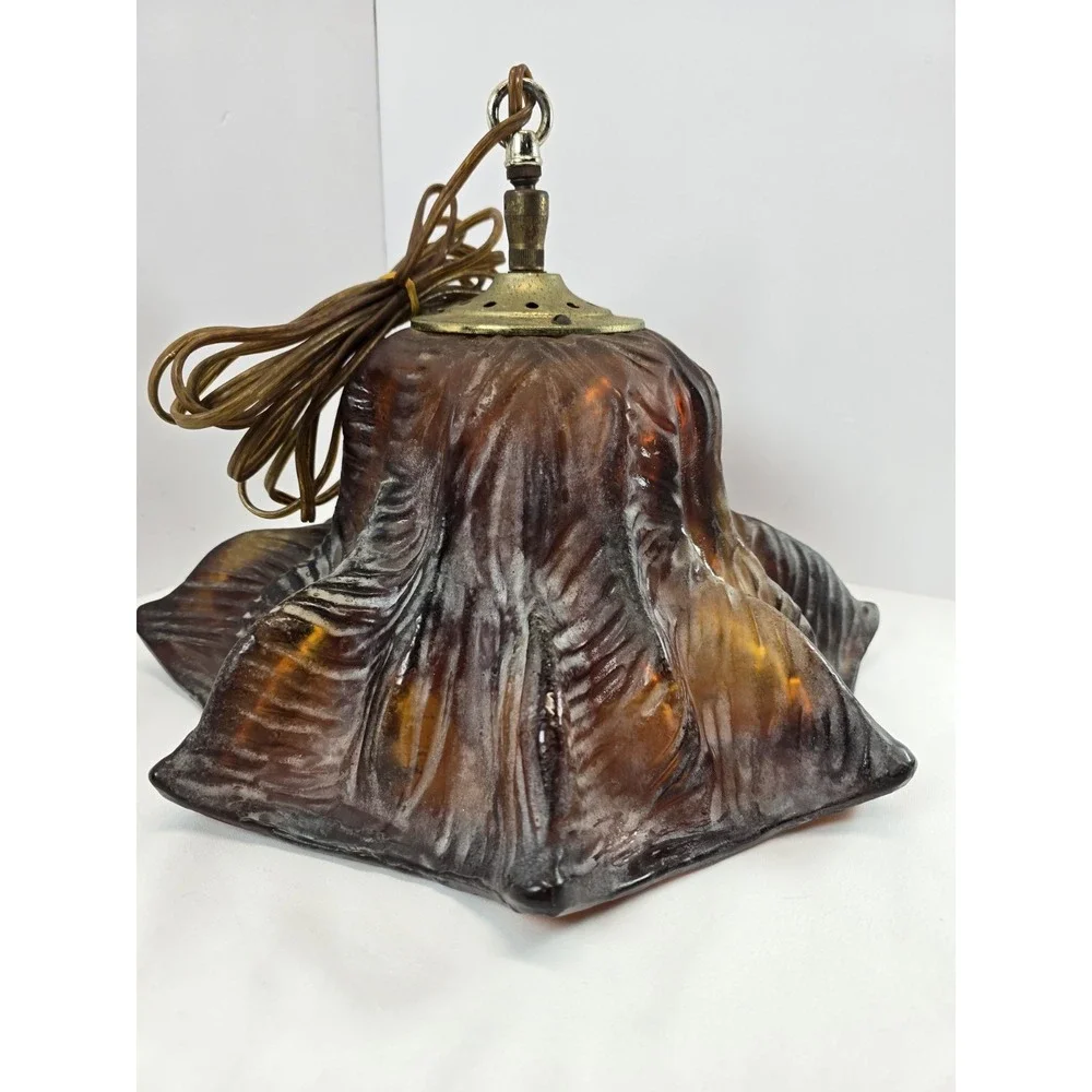 Vintage Mid Century Modern MCM SWAG Lamp Light Amber Glass Pendant Swag Lamp